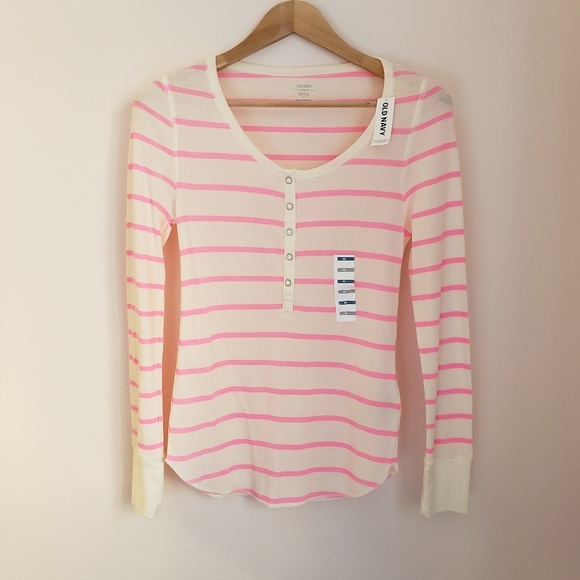 Old Navy Tops - Old Navy Thermal Waffle Pink Striped Shirt NWT